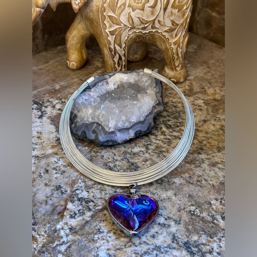 Huge Silver Glass Titanium Puff Heart Choker Necklace - Picture 5 of 12